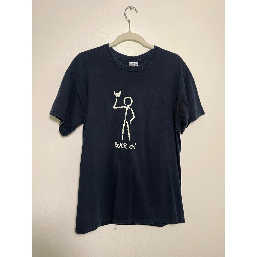 Gildan American Pie Pizza Company Rock On Stick Figure Navy Blue T-Shirt Mens